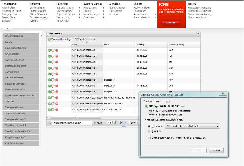 Finanzzahlen-Auflistung Excel Export