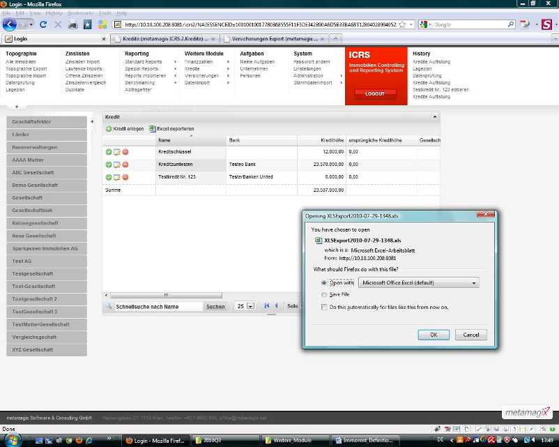 Kredit zu Objekten, Excel exportieren
