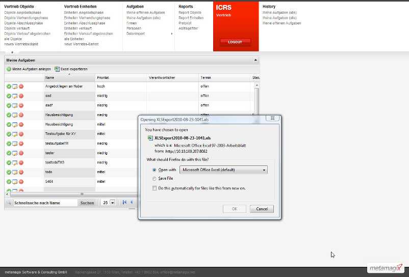 Meine Aufgabe anlegen > Excel Export