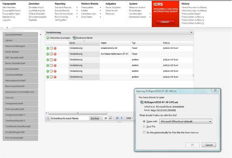 Versicherungen Auflisten, Excel Export